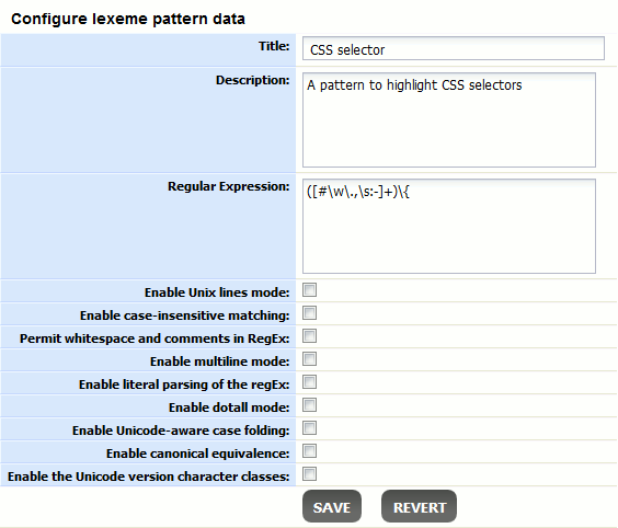 Schema editor: The Configure Lexeme Pattern Data form