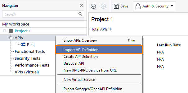 API testing: Add APIs menu item