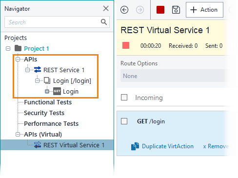 Service virtualization and API testing: Operations in the Navigator panel