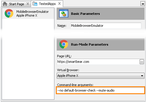 Specifying command-line arguments for mobile browser emulator in TestedApps