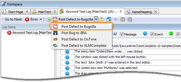 TestComplete Test Log: the Post Defect to Bugzilla menu item