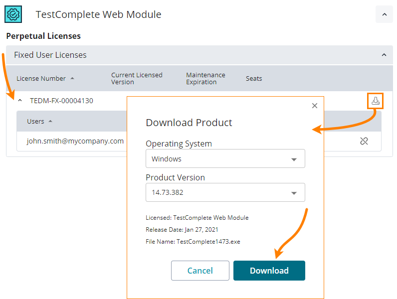 Download the TestComplete installer from the License Management