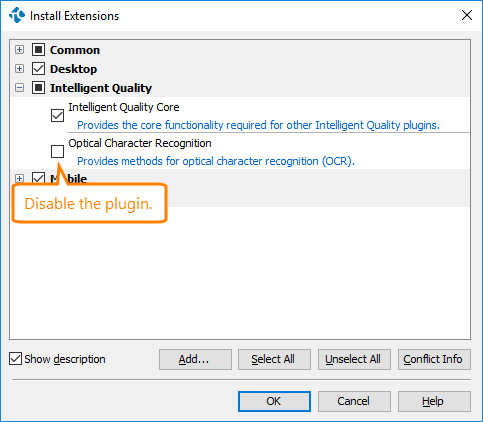 Disable the Intelligent Quility > Optical Character Recognition plugin