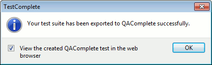 Dialog window: Successful export to QAComplete