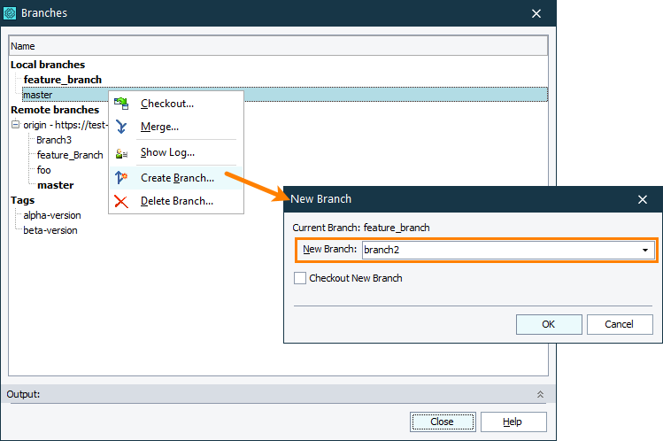 Creating branches via built-in Branches dialog