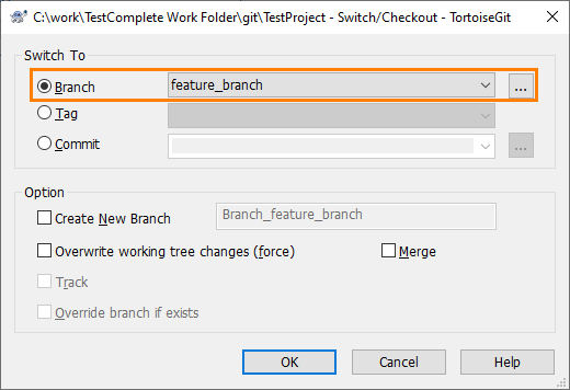 Switching branches via TortoiseGit Switch dialog