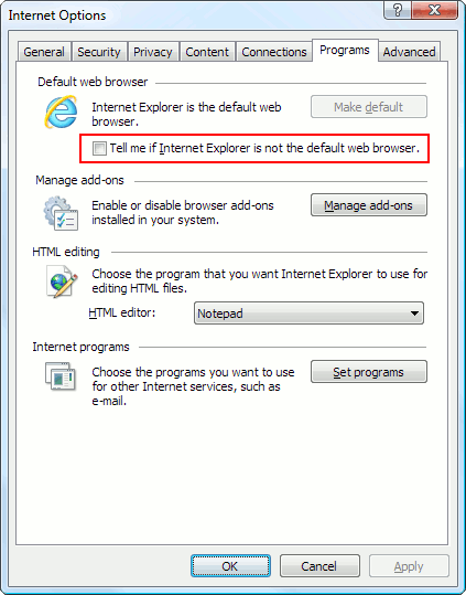Internet Explorer settings: Default browser check