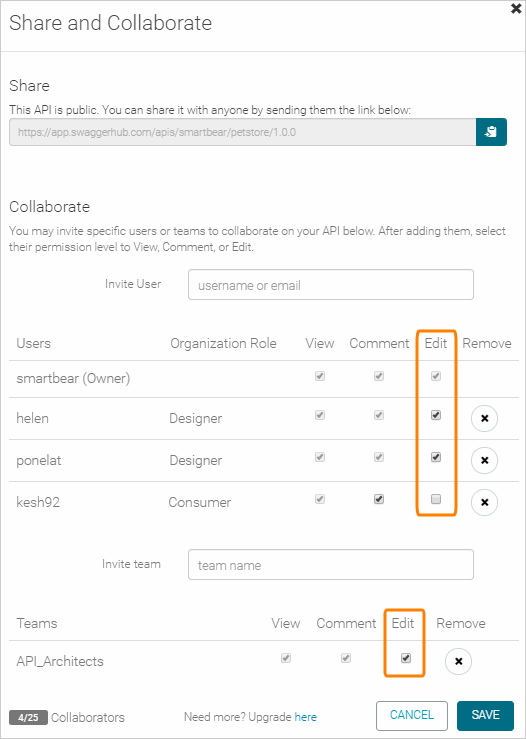 Granting edit access to an API