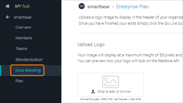 Docs Branding options in organization settings in SwaggerHub