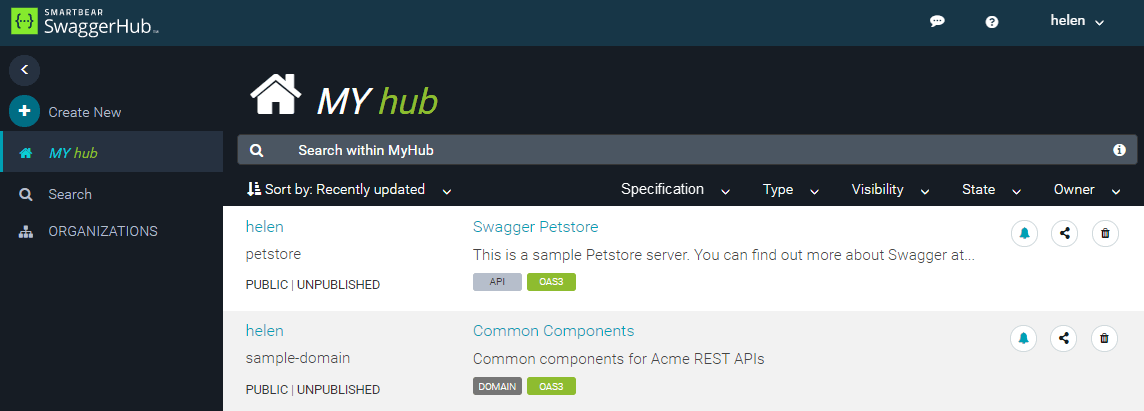 SwaggerHub: MY hub