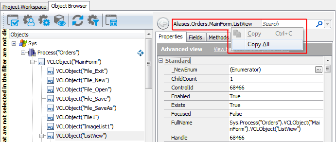 Copying the object name from the Object Browser Copying the object name from the Object Browser