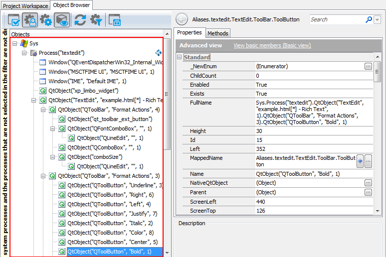 A view of a Qt application in the object tree A view of a Qt application in the object tree