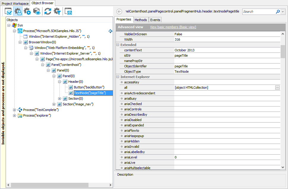 Testing Windows Store applications: Properties of a JavaScript application in the Object Browser Testing Windows Store applications: Properties of a JavaScript-based application in the Object Browser