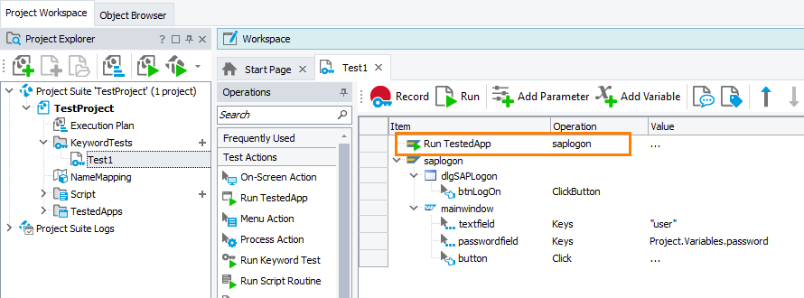 The recorded Run TestedApp operation that launches SAP GUI Recorded Run TestedApp operation that launches SAP GUI