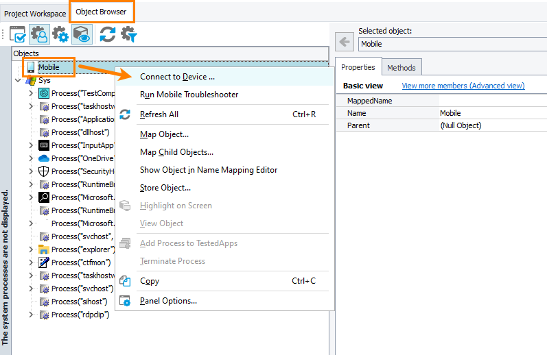 Opening the Connect to Device dialog from the Object Browser Opening the Connect to Device dialog from the Object Browser