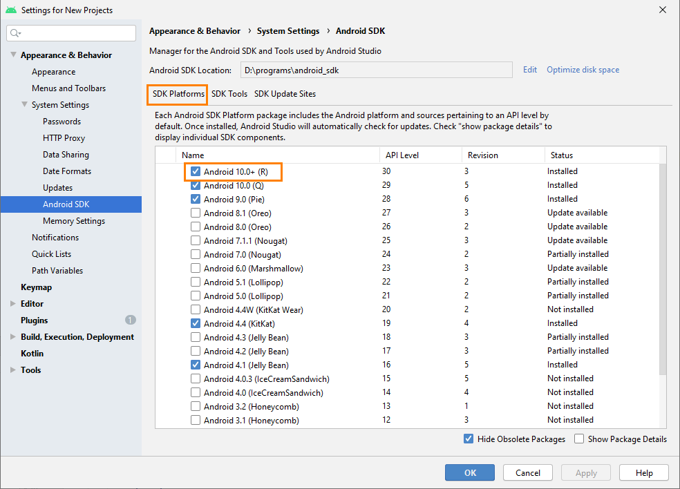 Android SDK Manager: The SDK Platforms tab Android SDK Manager: The SDK Platforms tab
