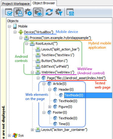 Testing Android hybrid mobile applications with TestComplete: Object hierarchy in the Object Browser Testing Android hybrid mobile applications with TestComplete: Object hierarchy in the Object Browser