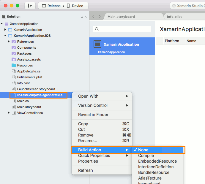 Configuring properties of the TestComplete library in the application project Configuring properties of TestComplete library in the application project