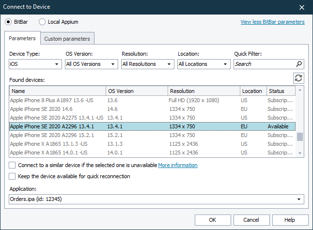 Select BitBar Device dialog - Advanced dialog Select BitBar Device dialog - Advanced mode