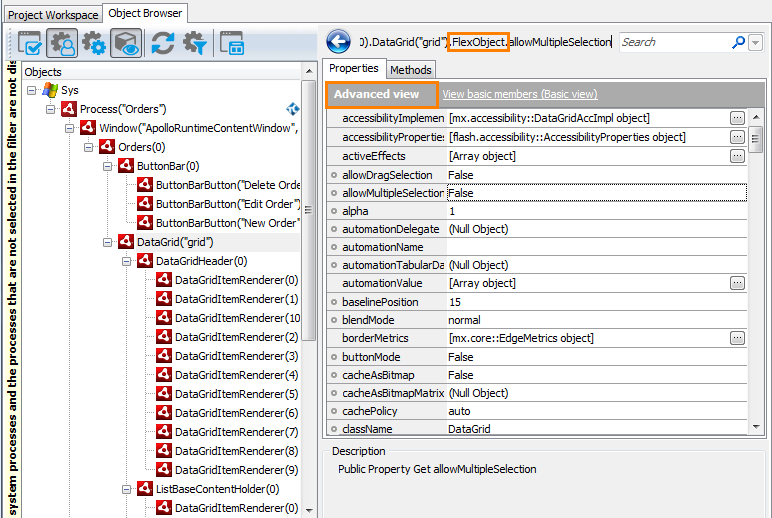 Native Properties of an AIR DataGrid Object in the Object Browser Native Properties of an AIR DataGrid Object in Object Browser