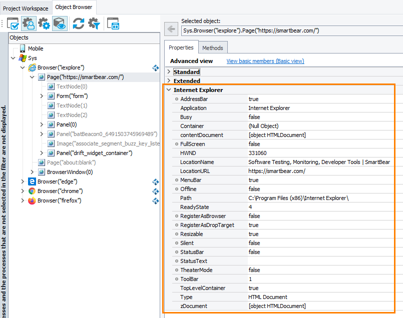 Native Properties of a Web Panel Element in the Object Browser Native Properties of a Web Panel Element in Object Browser