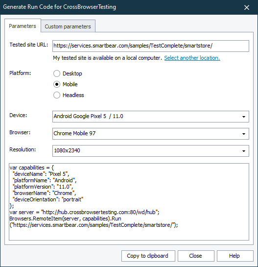 The 'Generate run code for CrossBrowserTesting' dialog Generate run code for CrossBrowserTesting dialog