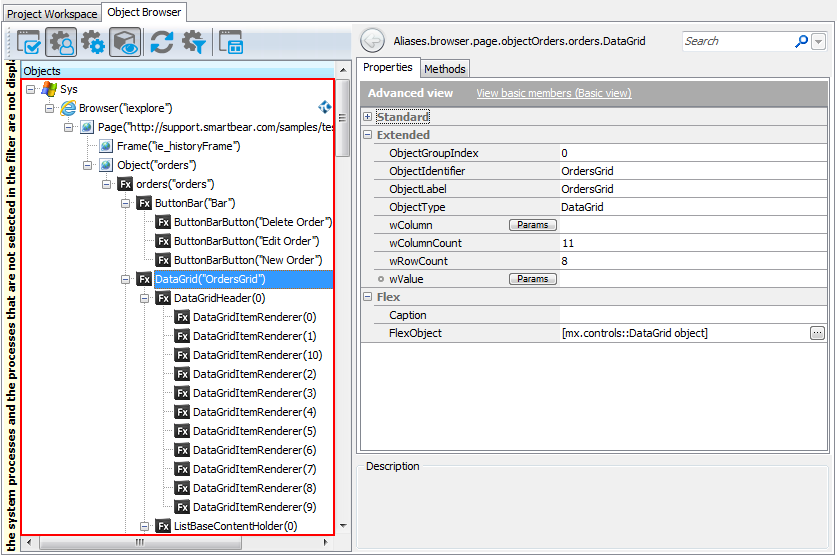 A view of a Flex application in the object tree A view of a Flex application in the object tree