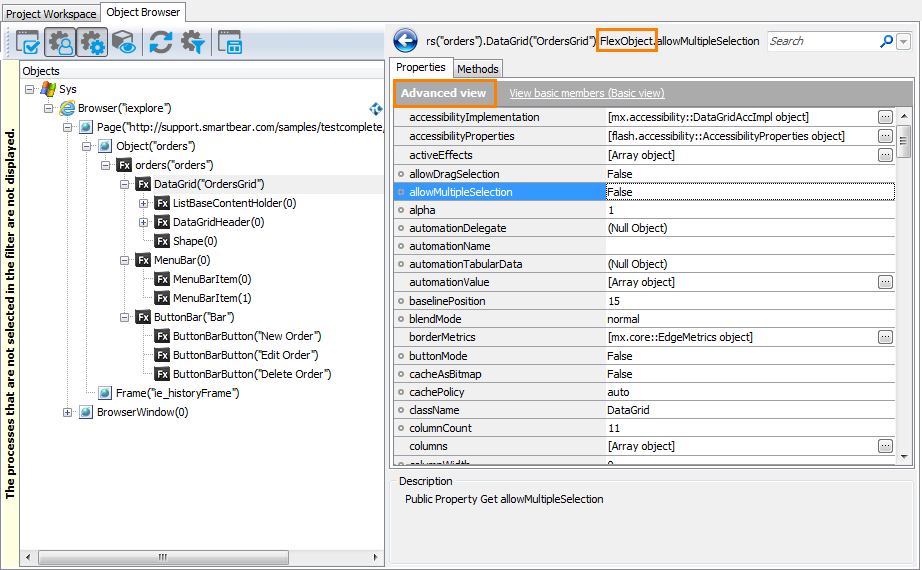 Native Properties of a Flex DataGrid Object in the Object Browser Native Properties of a Flex DataGrid Object in Object Browser