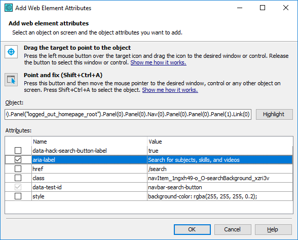 Custom Attributes: The Add Web Element Attributes dialog Custom Attributes: The Add Web Element Attributes dialog