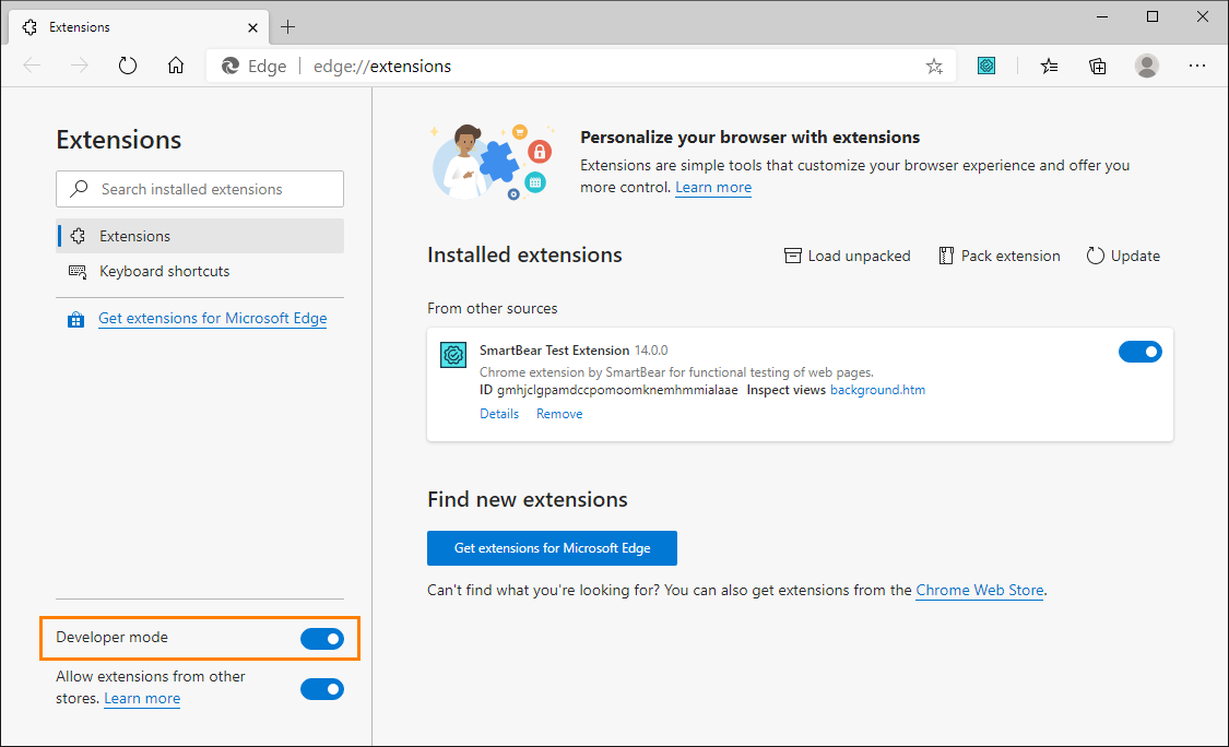 Enabling the Developer mode in Edge Enabling the Developer mode in Edge