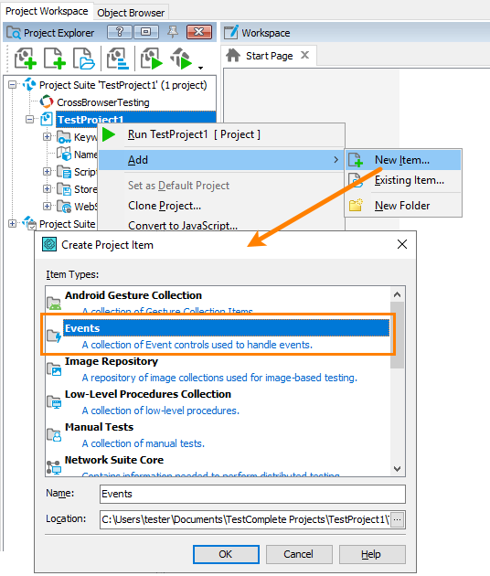 Add the Events collection to your TestComplete project Add the Events collection to your TestComplete project