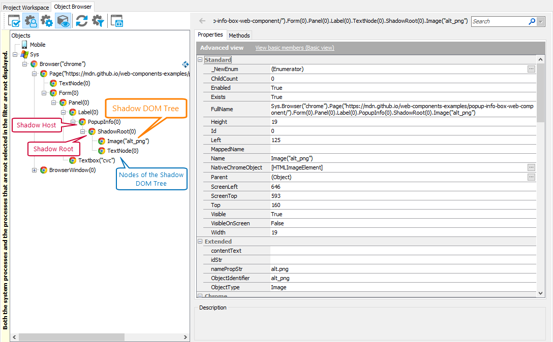 A Shadow DOM tree in the Object Browser TestComplete support for Web Components: Shadow DOM tree in Object Browser