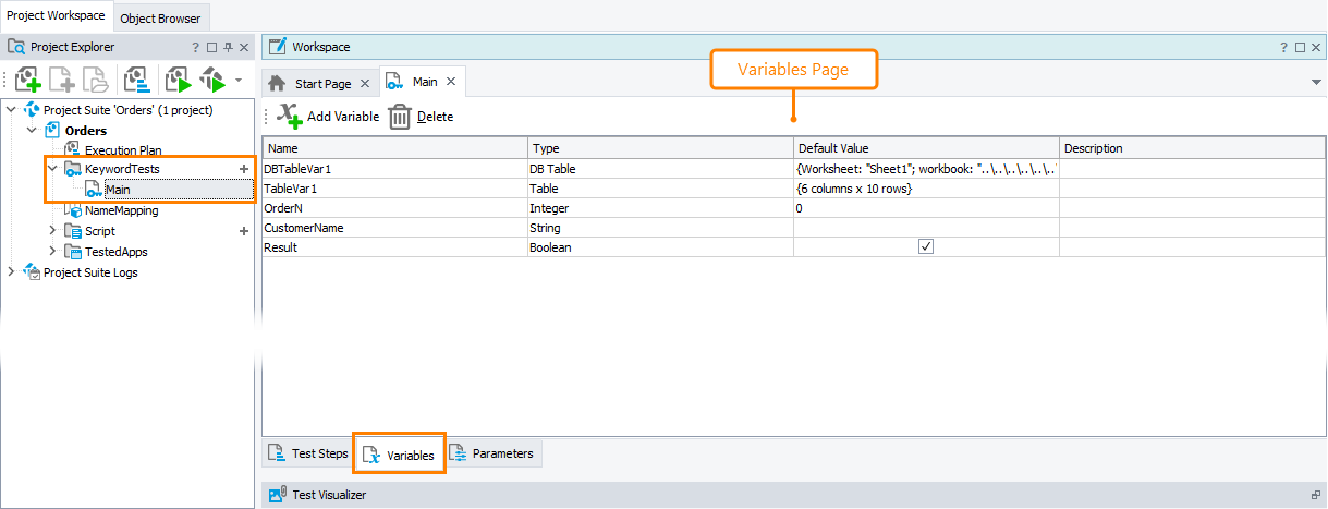 Variables Page of the Keyword Test Editor Variables page of the Keyword Test editor