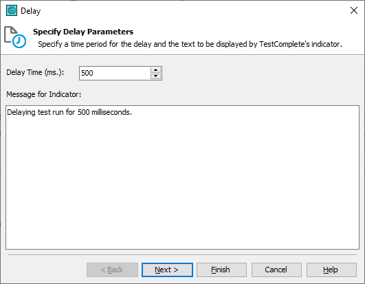Specify parameters Specify Parameters page of the Delay operation
