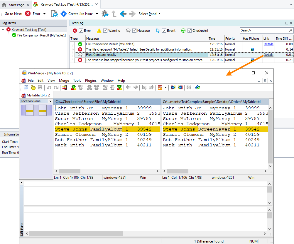 File comparison report generated by a third-party tool File comparison report generated by a third-party tool in TestComplete