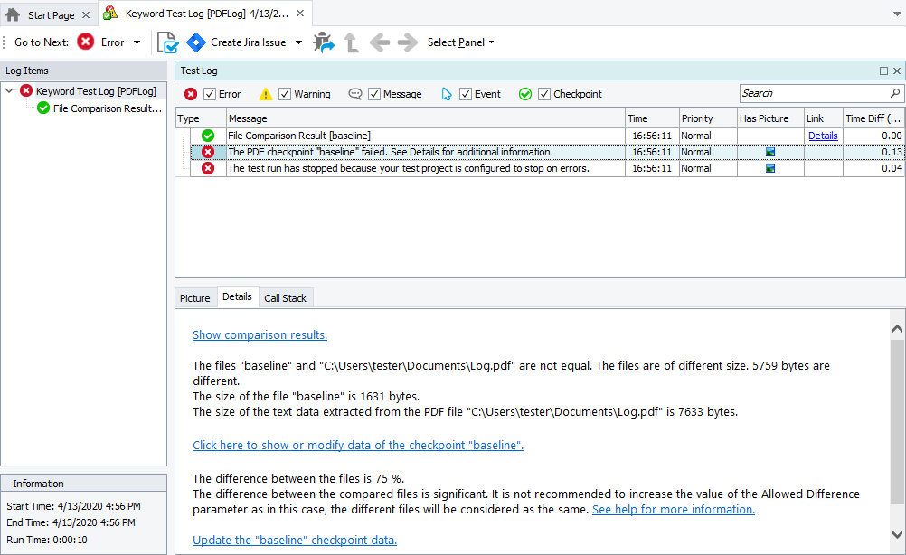 Details panel containing PDF checkpoint results Details panel containing PDF checkpoint results