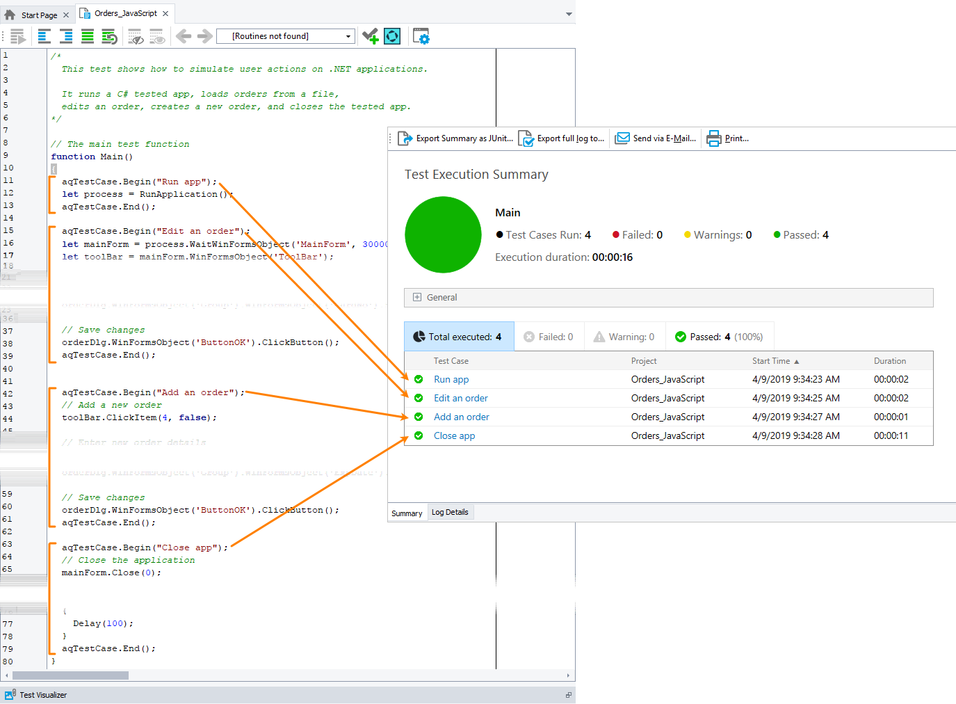 Tests in the Summary report Test Cases in the Summary report