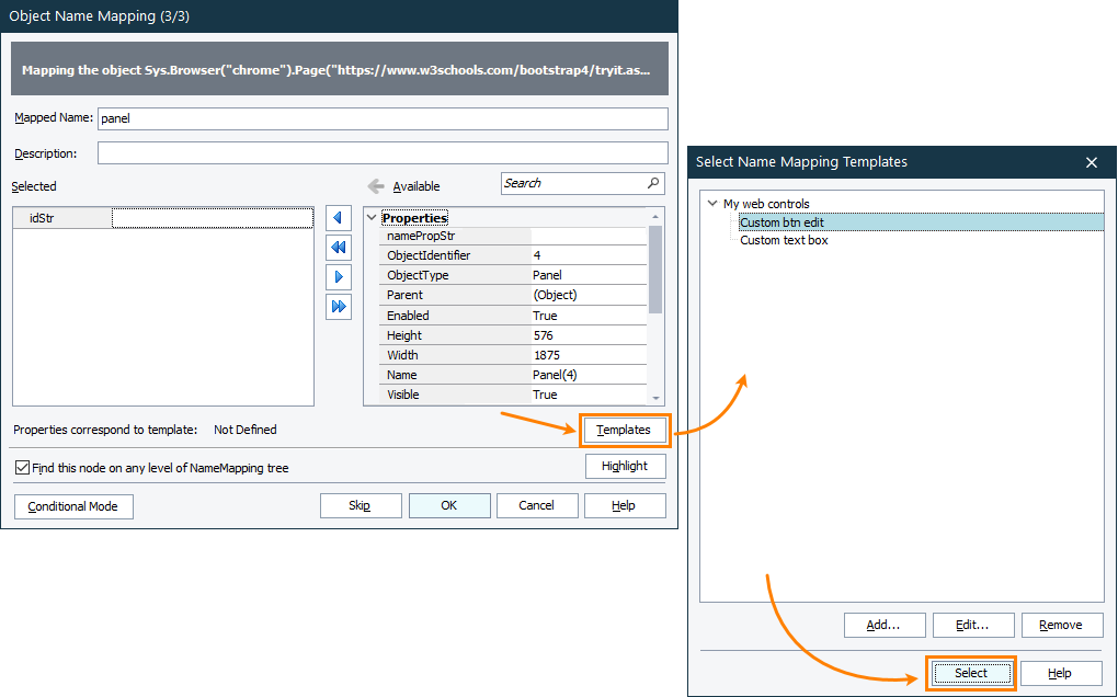 Select a template when mapping controls manually Select a template when mapping controls manually