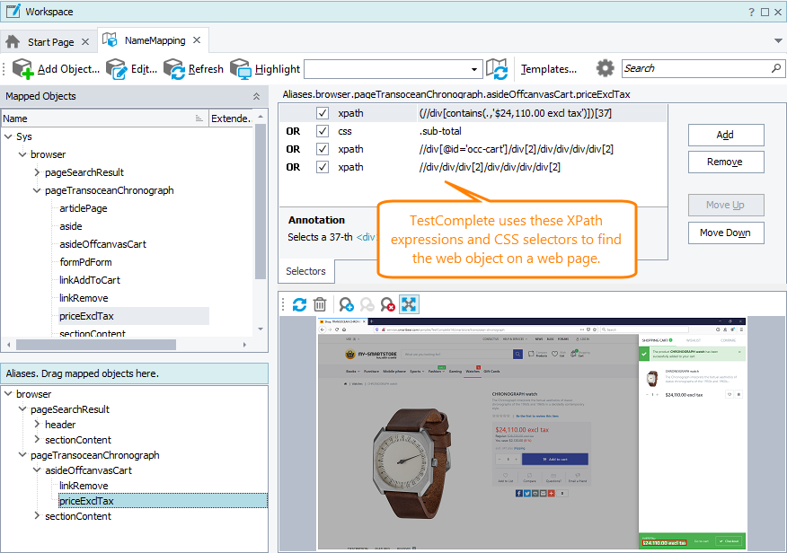 A web object recognized by its XPath expression and CSS selectors A web object recognized by its XPath expression and CSS selectors