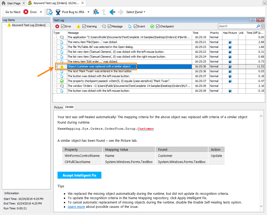 A warning message in the test log 'Node was changed' warning message in the test log