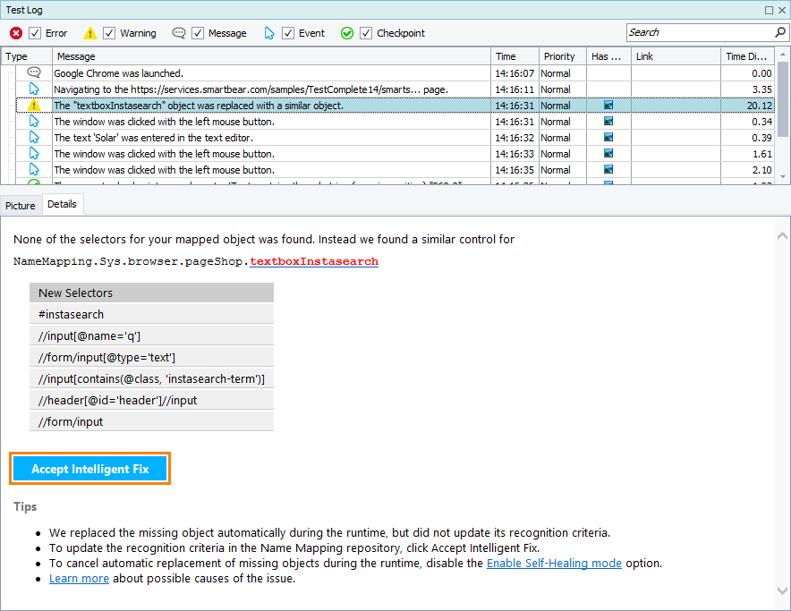 Apply suggested changes Self-healing tests in TestComplete: Apply suggested changes