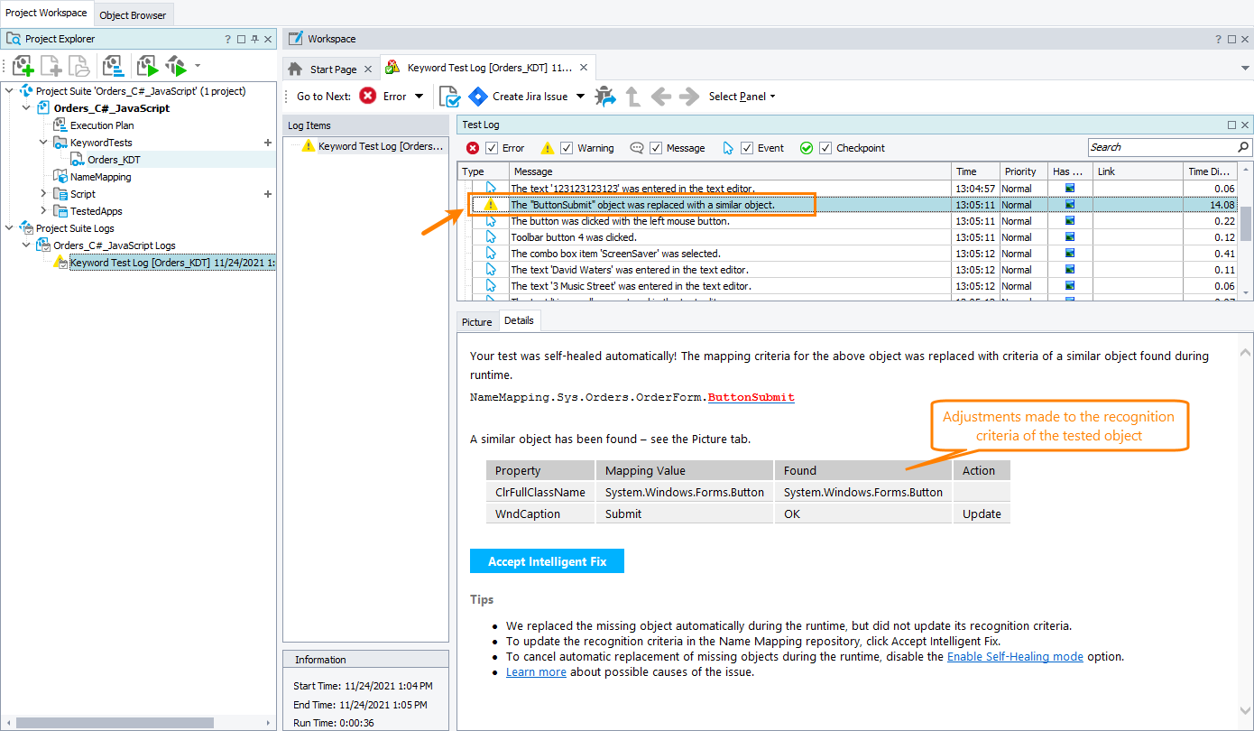 Recognition criteria fixed automatically Self-healing tests in TestComplete: Recognition criteria fixed automatically