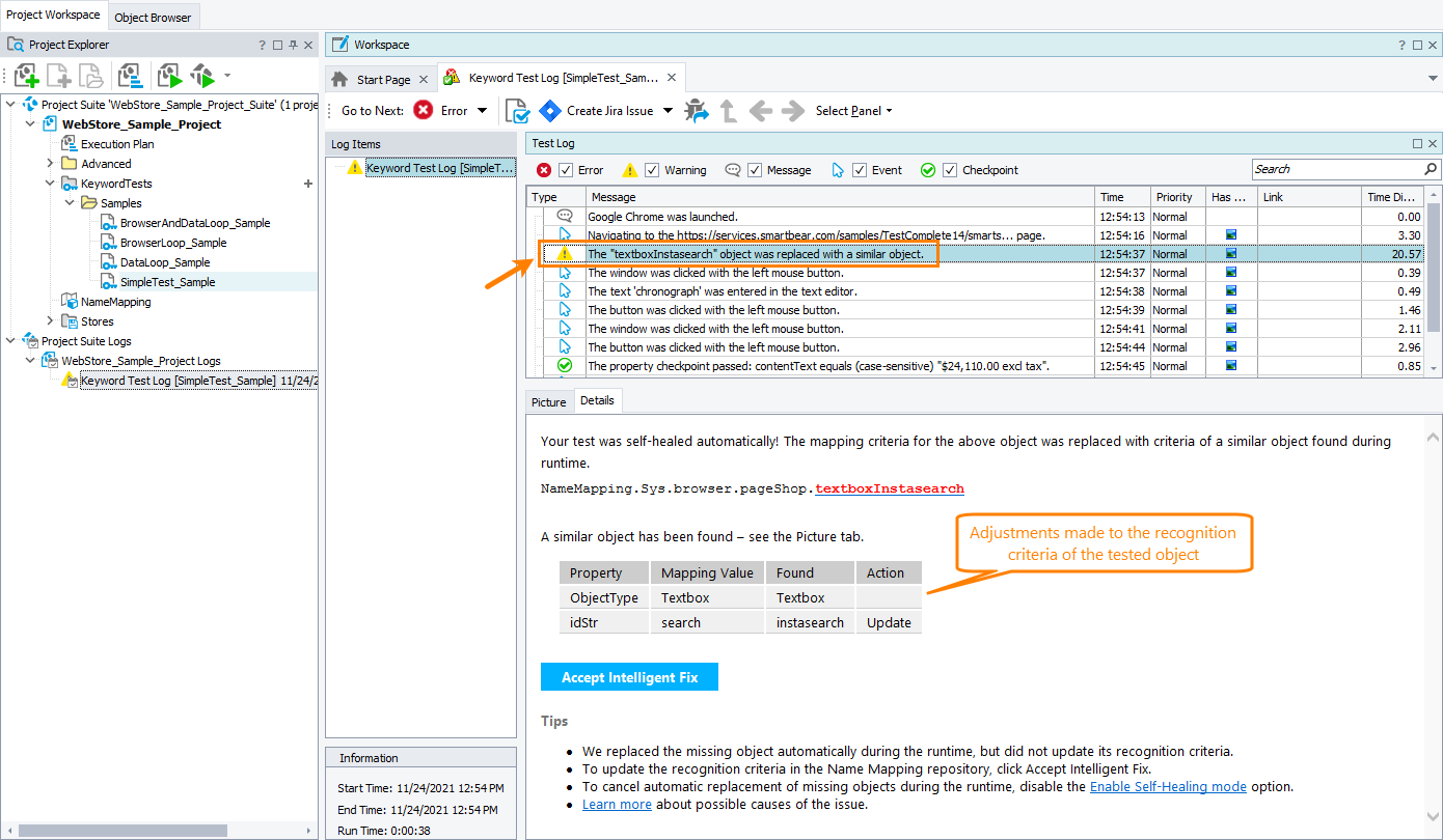 Recognition criteria fixed automatically Self-healing tests in TestComplete: Recognition criteria fixed automatically