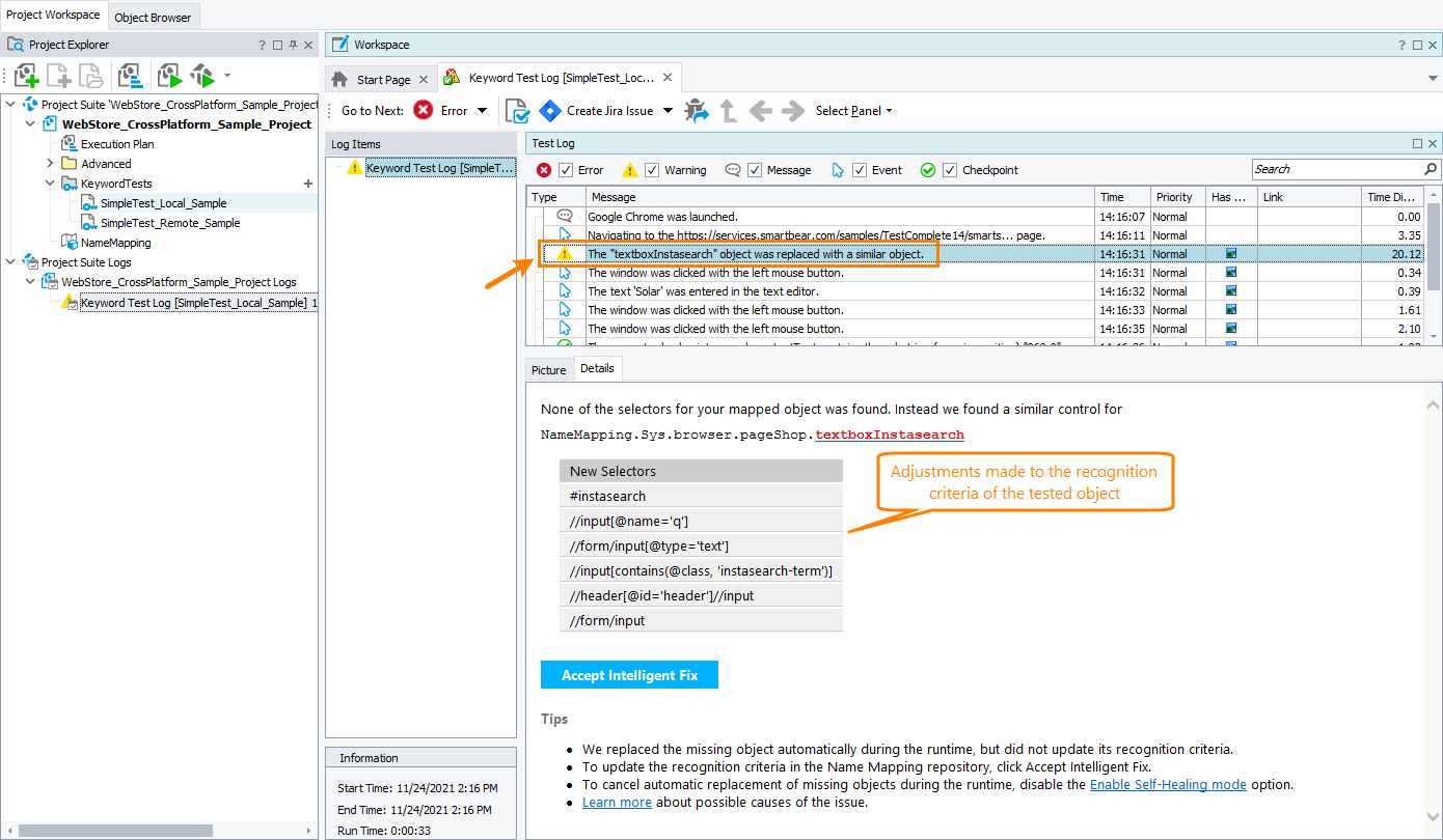 Recognition criteria fixed automatically Self-healing tests in TestComplete: Recognition criteria fixed automatically