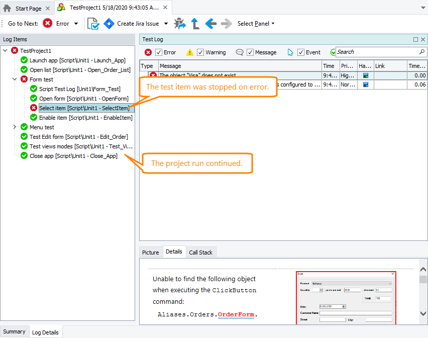 Stop current item and proceed with testing