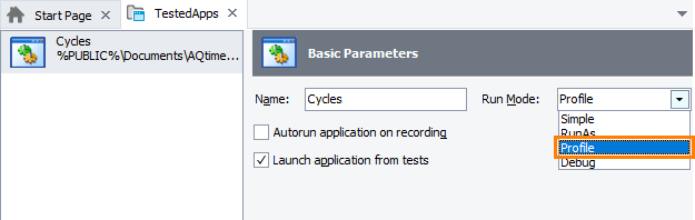 Selecting the Profile mode for a tested application Selecting the Profile mode for a tested application
