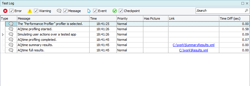 Profiling results in the test log Profiling results in the test log