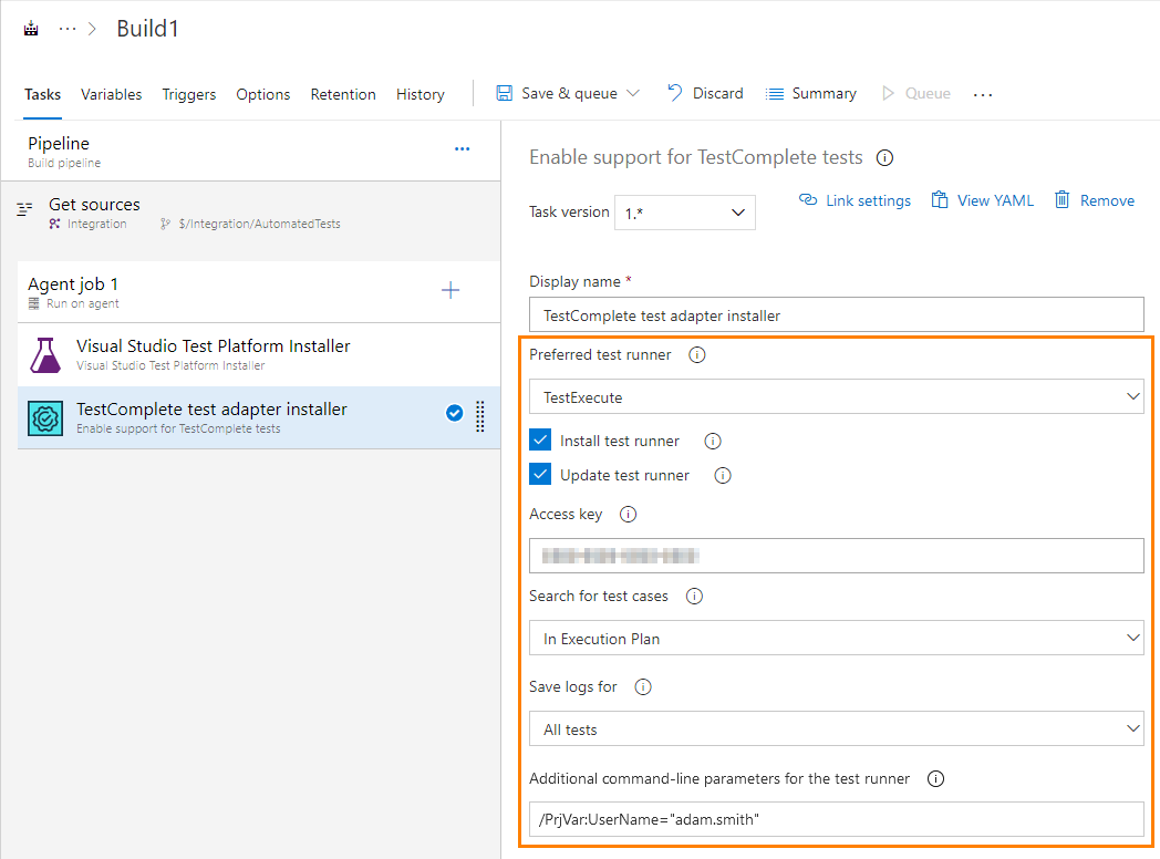Configuring the Enable TestComplete tests task TestComplete integration with Azure DevOps: Configuring the Enable TestComplete tests task