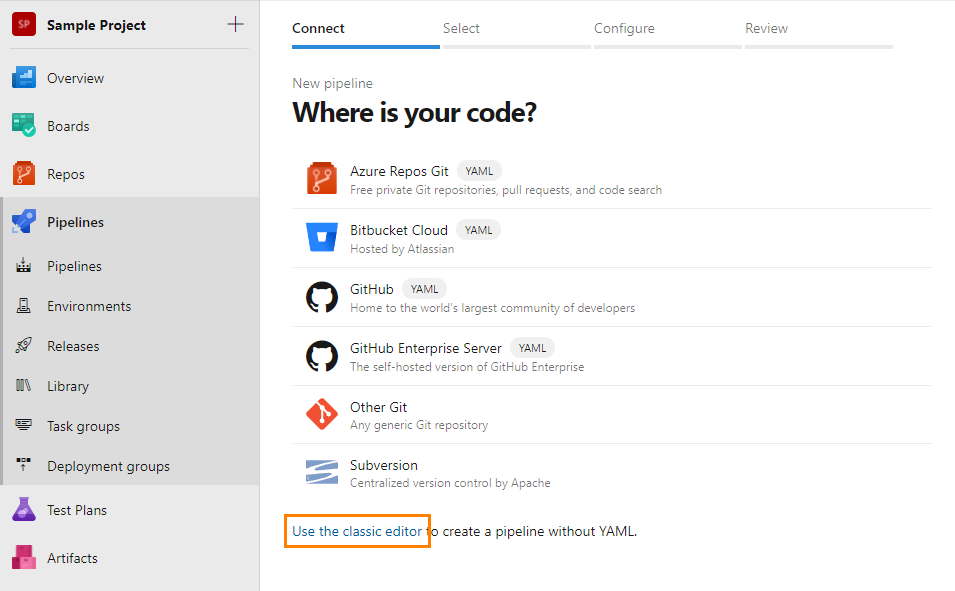 Creating a new pipeline with the visual editor TestComplete integration with Azure DevOps: Creating a new pipeline with the visual editor