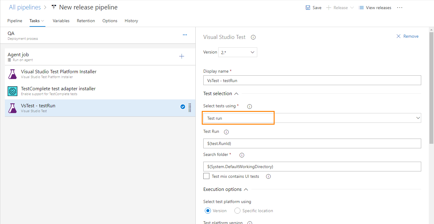 Configuring the Visual Studio Test task to run a test plan with test cases to which TestComplete tests are assigned TestComplete integration with Azure DevOps: Configuring a Visual Studio Test task to run a test plan with test cases to which TestComplete tests are assigned